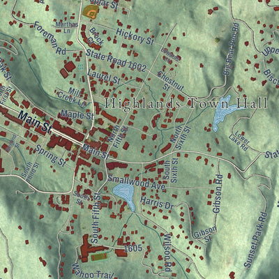 Close-up of the map of Highlands, North Carolina print showing street and building detail