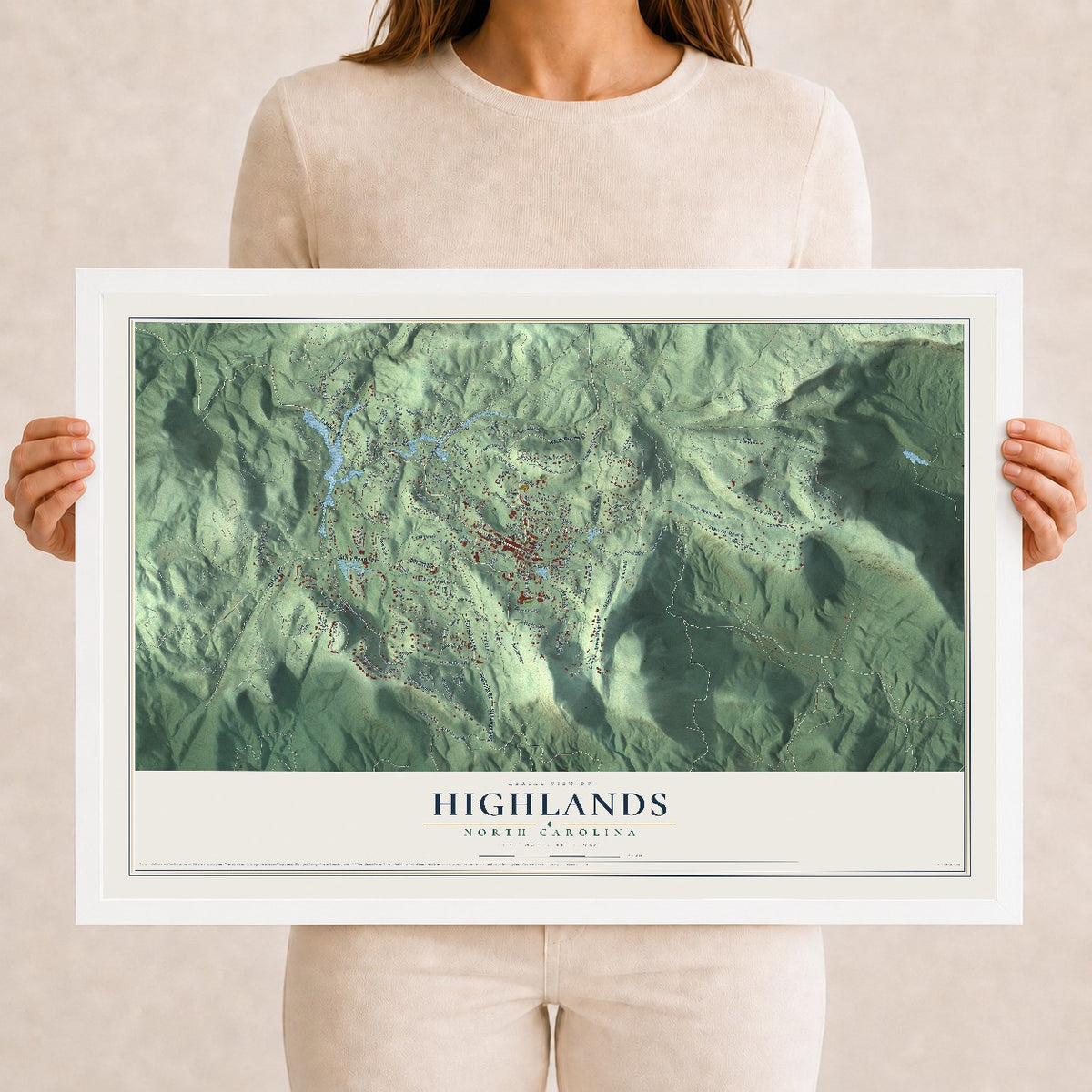 Map of Highlands, North Carolina, 12 x 18 inch print in a white wood frame
