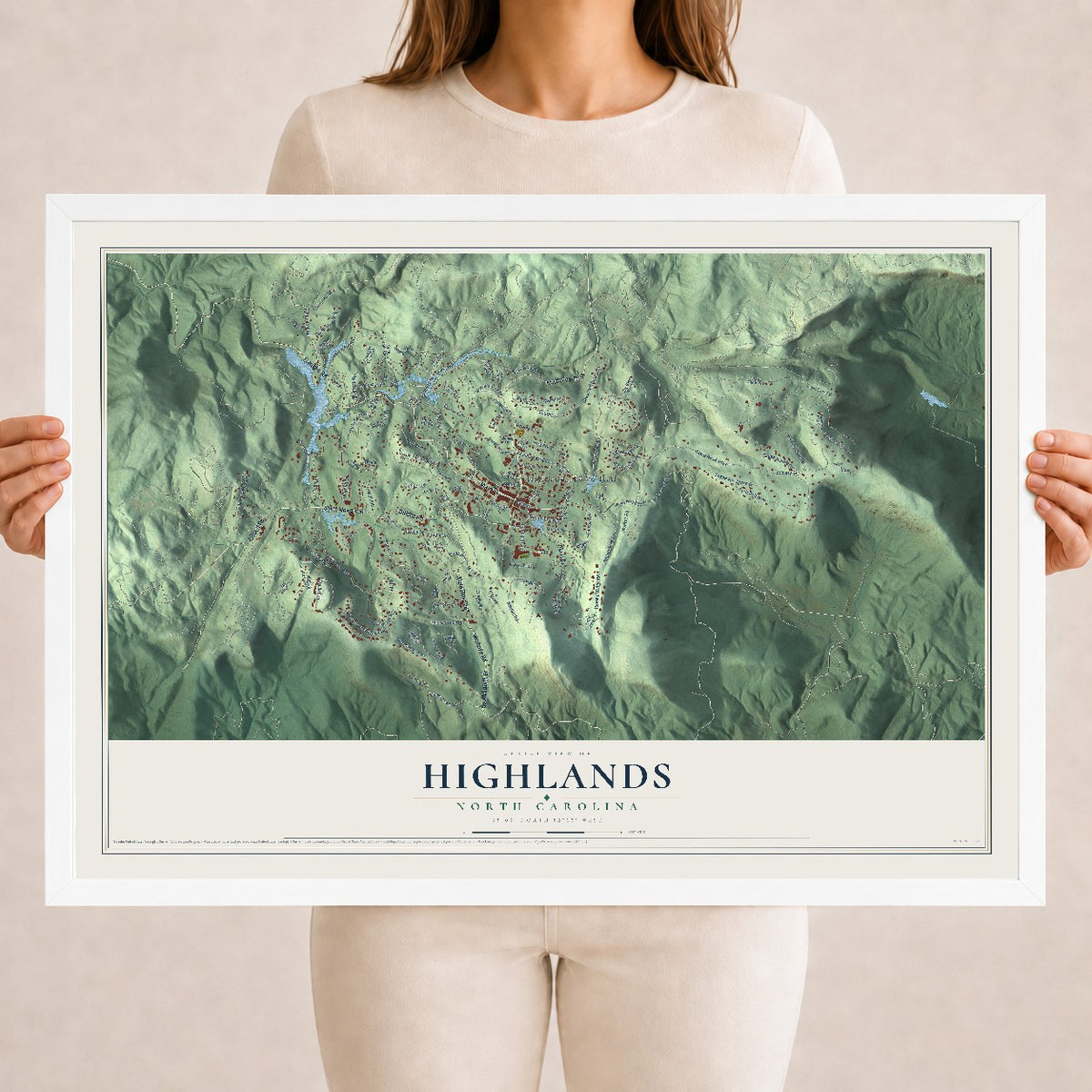 Map of Highlands, North Carolina, 18 x 24 inch print in a white wood frame