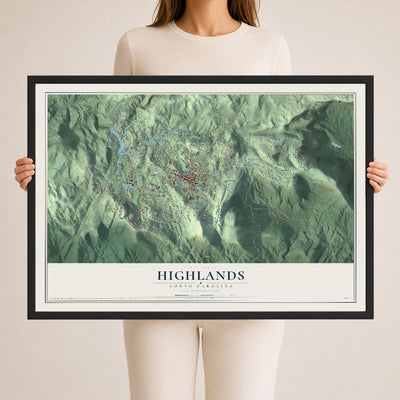 Map of Highlands, North Carolina, 24 x 36 inch print in a black wood frame