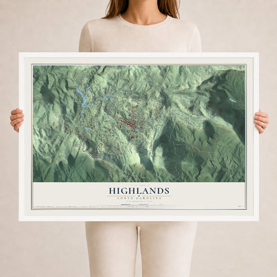 Map of Highlands, North Carolina, 24 x 36 inch print in a white wood frame