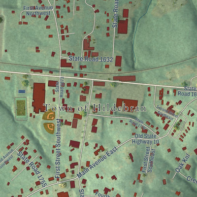 Close-up of the map of Hildebran, North Carolina print showing street and building detail