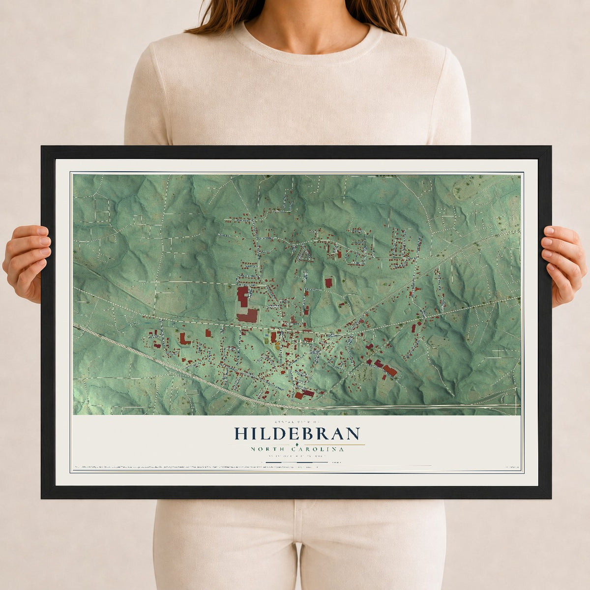 Map of Hildebran, North Carolina, 12 x 18 inch print in a black wood frame