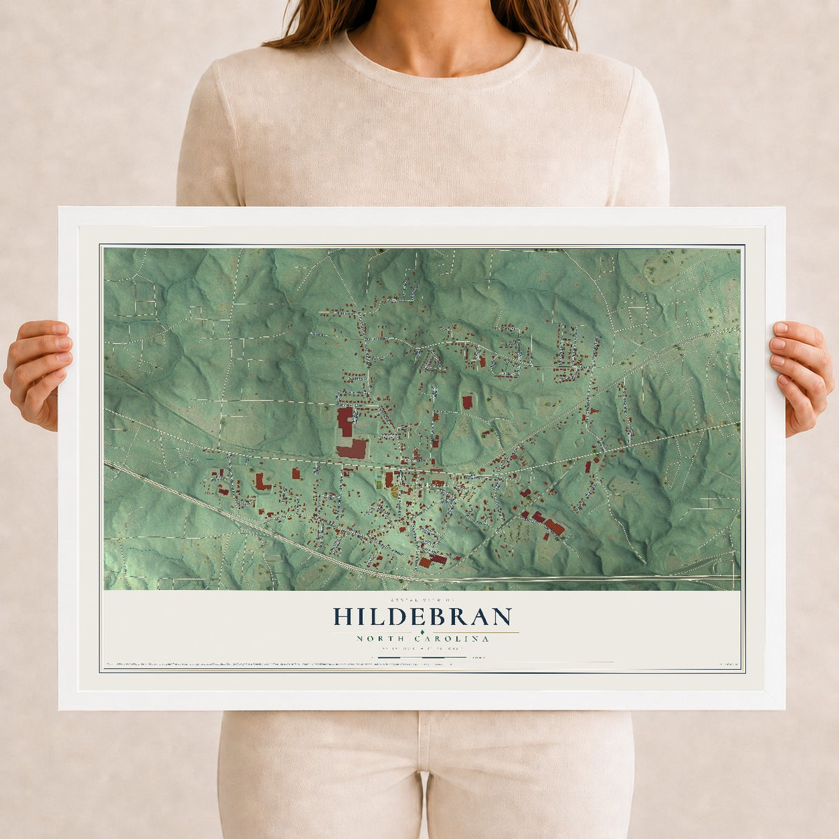 Map of Hildebran, North Carolina, 12 x 18 inch print in a white wood frame