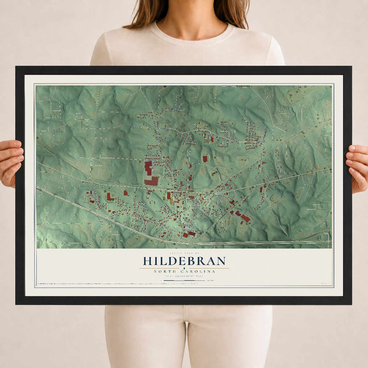 Map of Hildebran, North Carolina, 18 x 24 inch print in a black wood frame