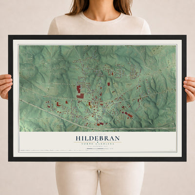 Map of Hildebran, North Carolina, 18 x 24 inch print in a black wood frame