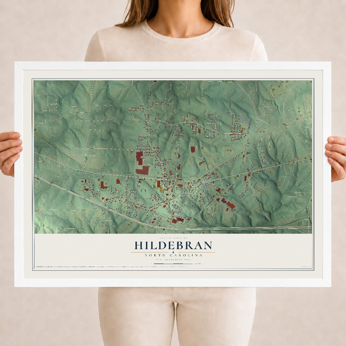 Map of Hildebran, North Carolina, 18 x 24 inch print in a white wood frame
