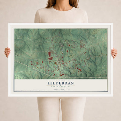 Map of Hildebran, North Carolina, 24 x 36 inch print in a white wood frame