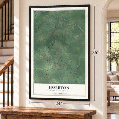 Hobbton, North Carolina map, 24 x 36 inch print in a black frame by a staircase