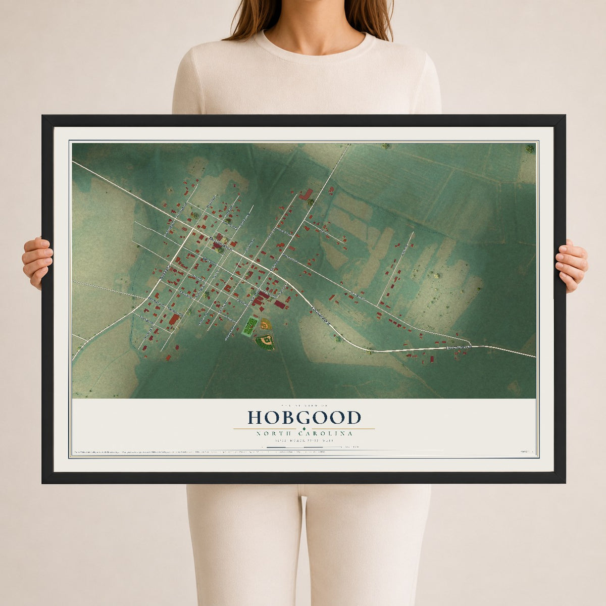 Map of Hobgood, North Carolina, 24 x 36 inch print in a black wood frame