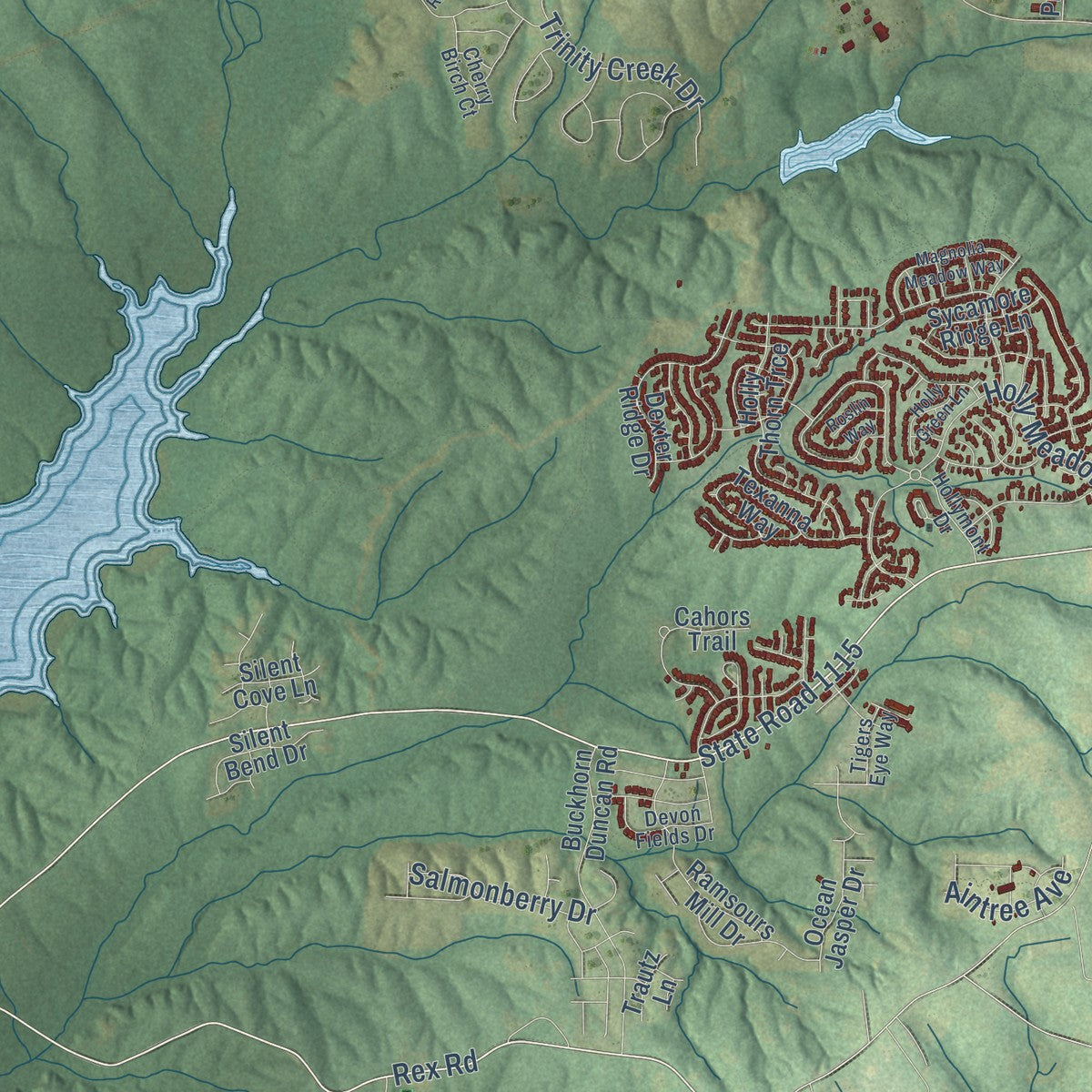 Second close-up of the map of Holly Springs, North Carolina print showing more streets and buildings