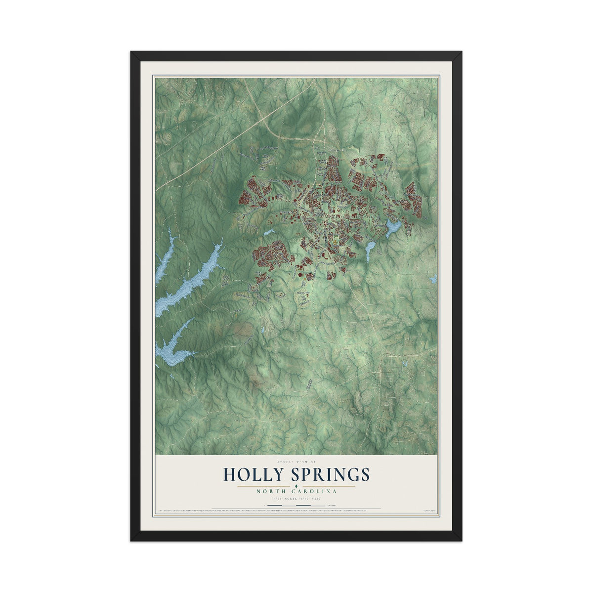 Map of Holly Springs, North Carolina, 12 x 18 inch print in a black wood frame