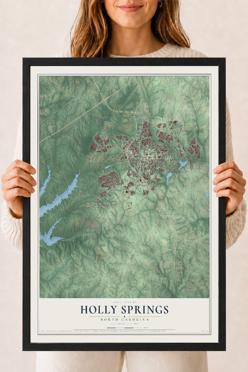 Map of Holly Springs, North Carolina, 18 x 24 inch print in a black wood frame
