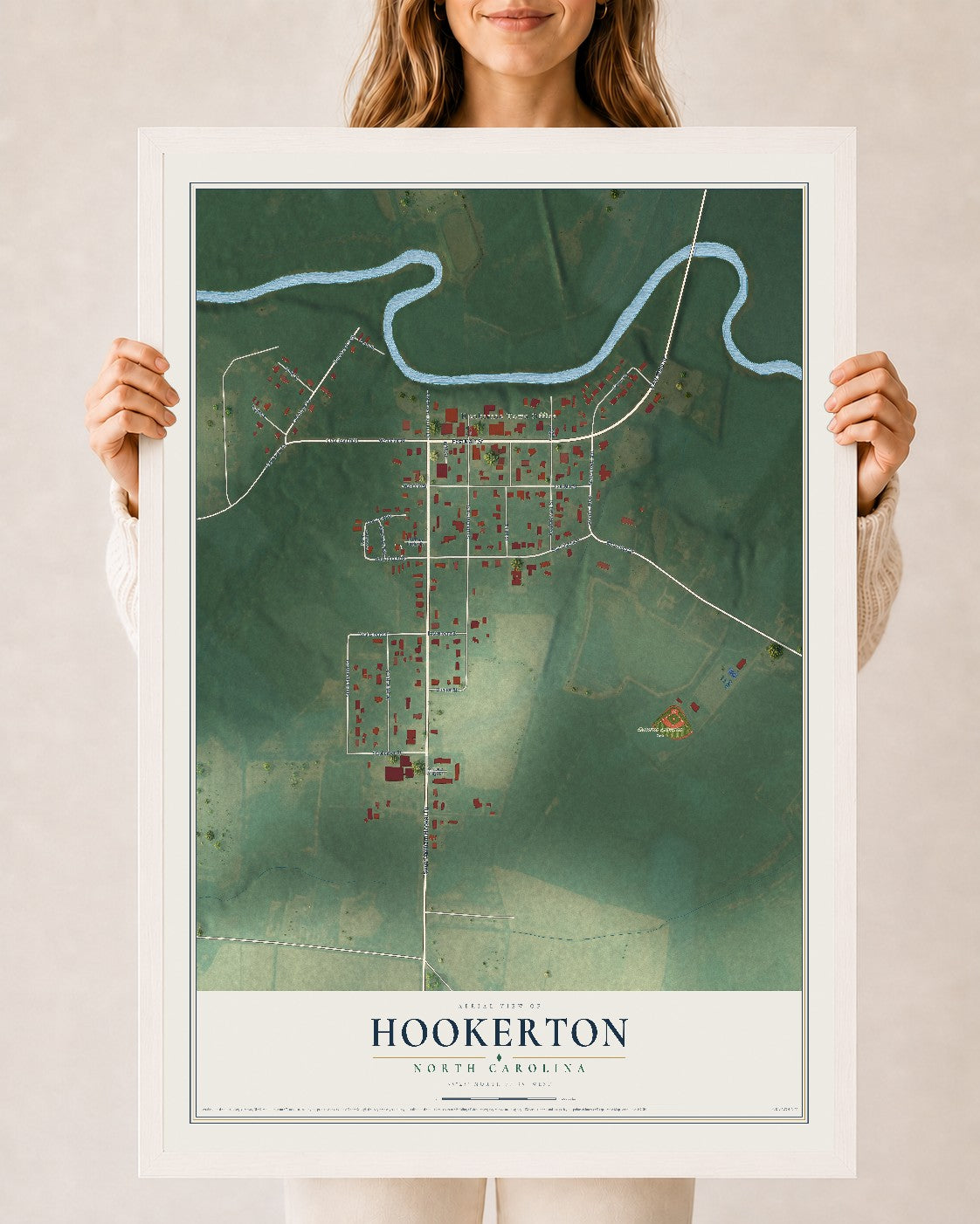 Map of Hookerton, North Carolina, 24 x 36 inch print in a white wood frame