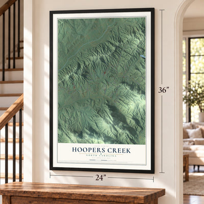 Hoopers Creek, North Carolina map, 24 x 36 inch print in a black frame by a staircase