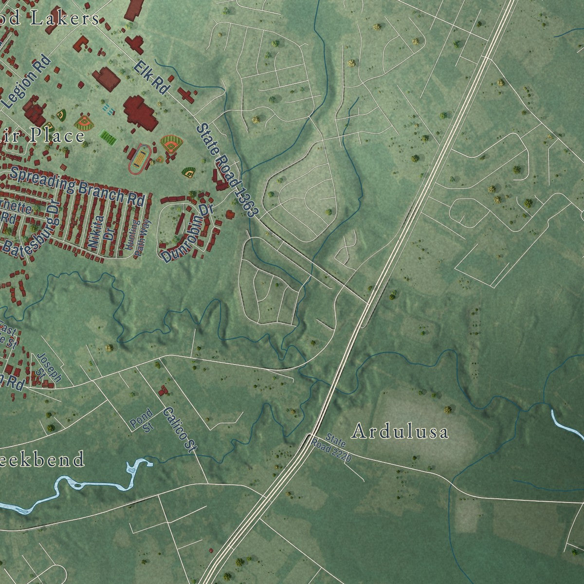 Second close-up of the map of Hope Mills, North Carolina print showing more streets and buildings