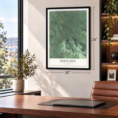 Horse Shoe, North Carolina map, 18 x 24 inch print in a black frame in a home office