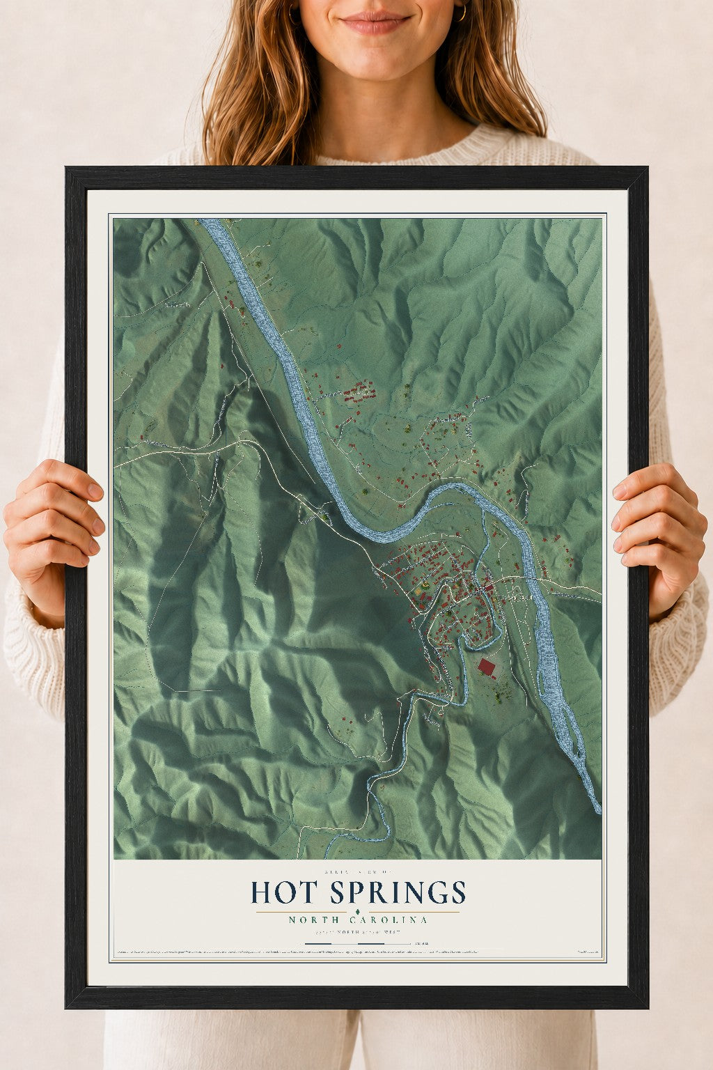 Map of Hot Springs, North Carolina, 18 x 24 inch print in a black wood frame