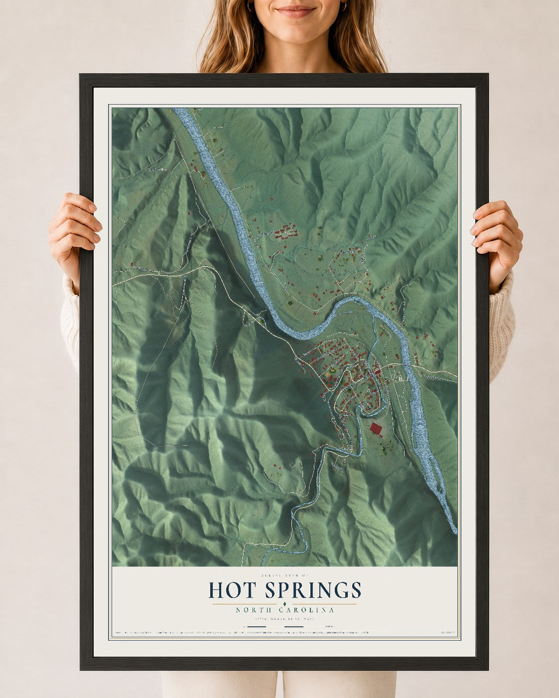 Map of Hot Springs, North Carolina, 24 x 36 inch print in a black wood frame