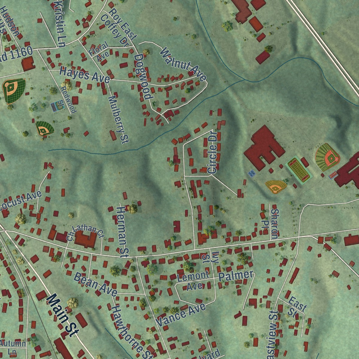 Close-up of the map of Hudson, North Carolina print showing street and building detail