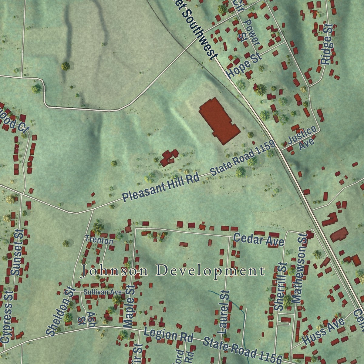 Second close-up of the map of Hudson, North Carolina print showing more streets and buildings