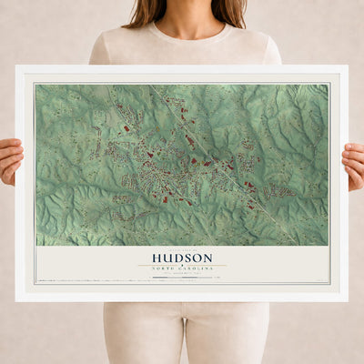 Map of Hudson, North Carolina, 18 x 24 inch print in a white wood frame