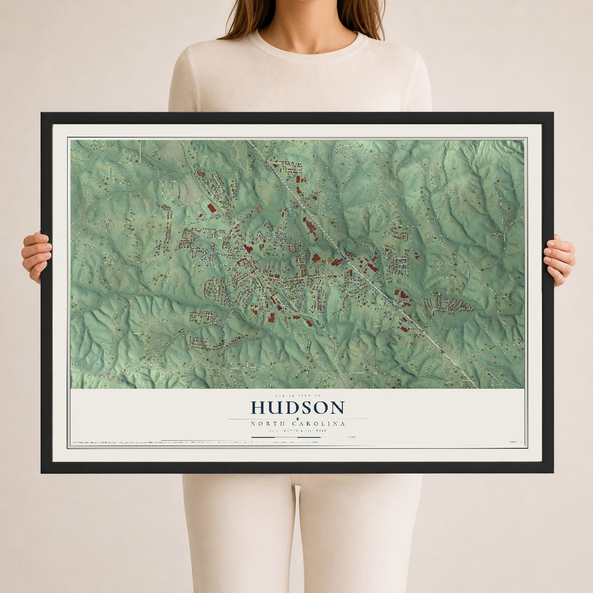 Map of Hudson, North Carolina, 24 x 36 inch print in a black wood frame