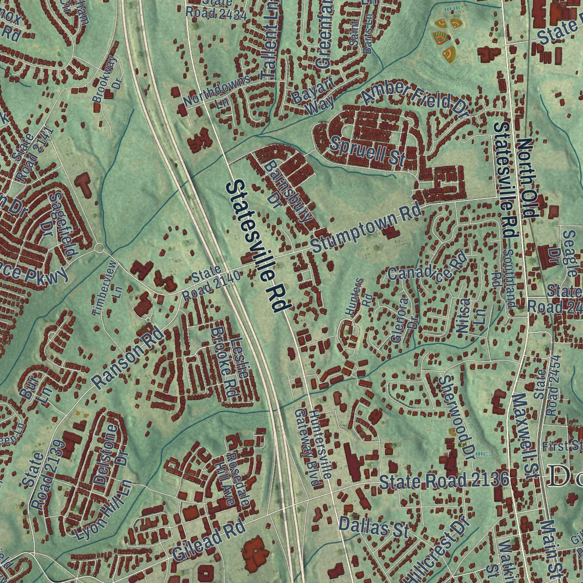 Close-up of the map of Huntersville, North Carolina print showing street and building detail
