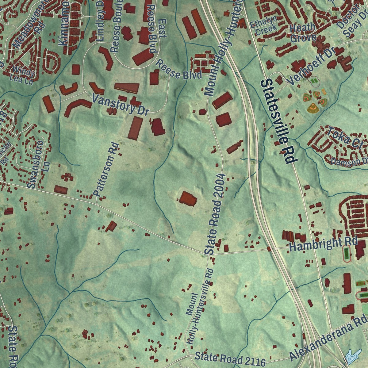 Second close-up of the map of Huntersville, North Carolina print showing more streets and buildings