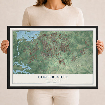 Map of Huntersville, North Carolina, 12 x 18 inch print in a black wood frame