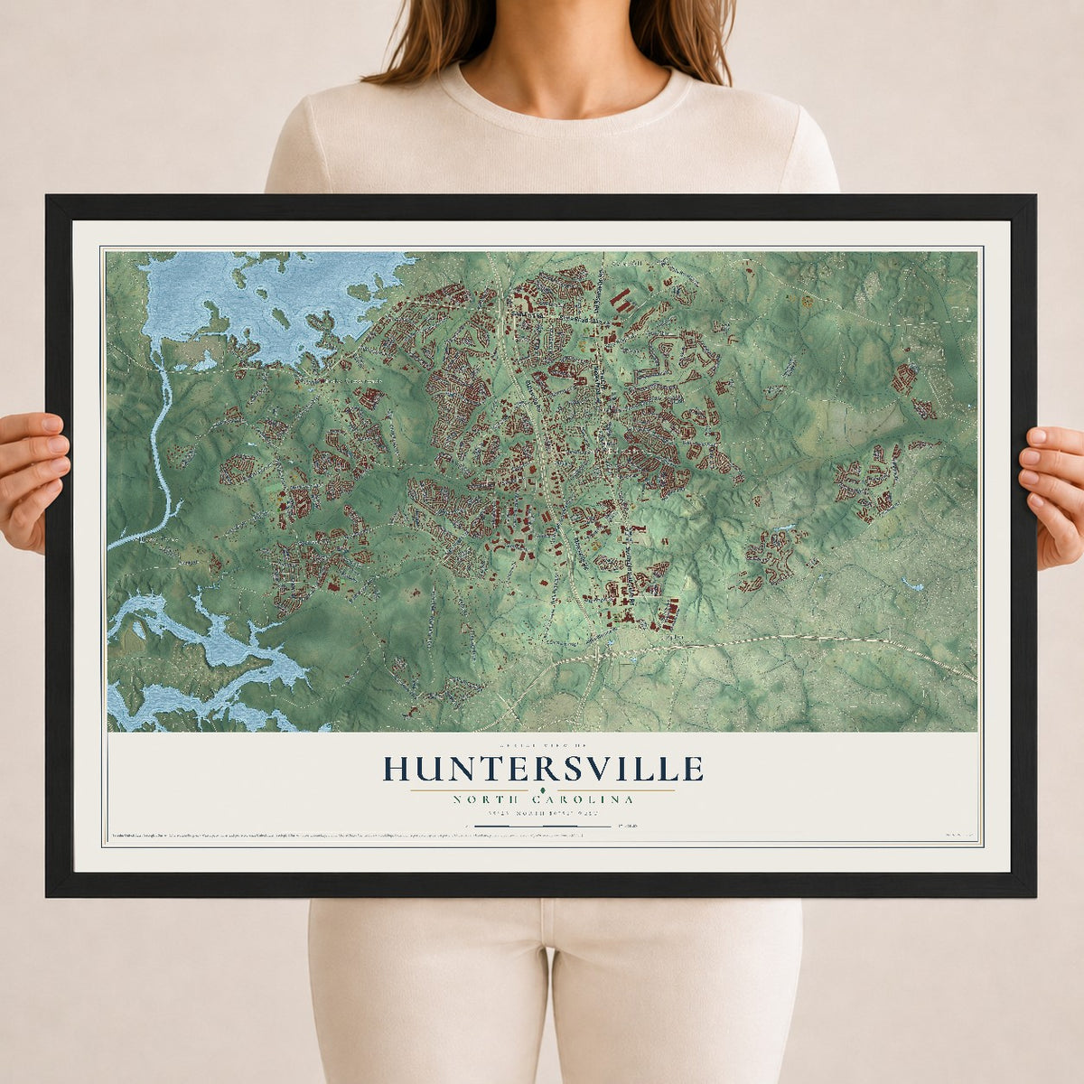 Map of Huntersville, North Carolina, 18 x 24 inch print in a black wood frame