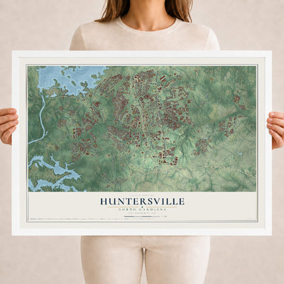 Map of Huntersville, North Carolina, 18 x 24 inch print in a white wood frame
