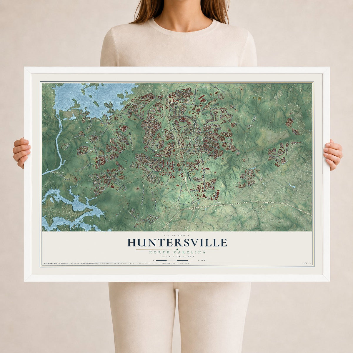 Map of Huntersville, North Carolina, 24 x 36 inch print in a white wood frame