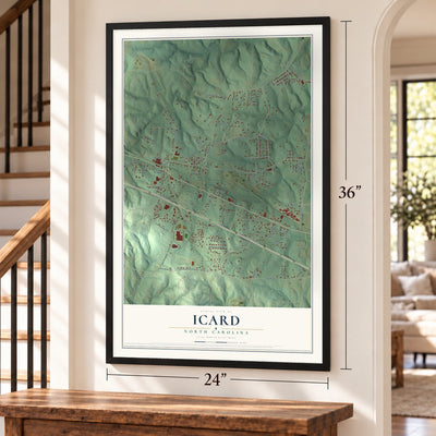 Icard, North Carolina map, 24 x 36 inch print in a black frame by a staircase