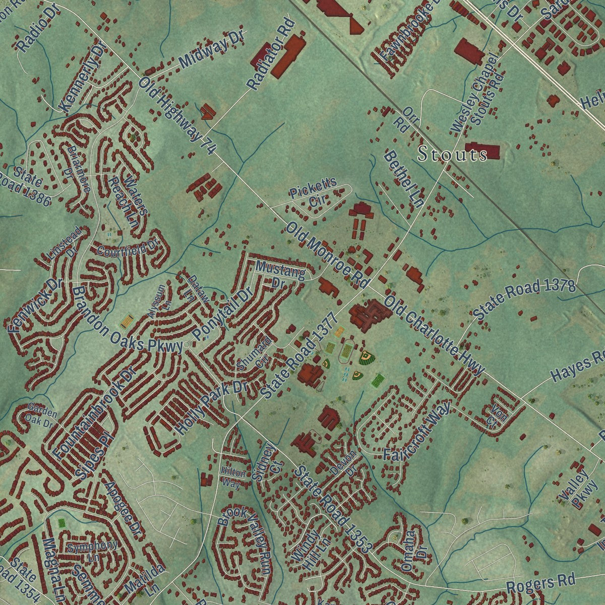 Close-up of the map of Indian Trail, North Carolina print showing street and building detail