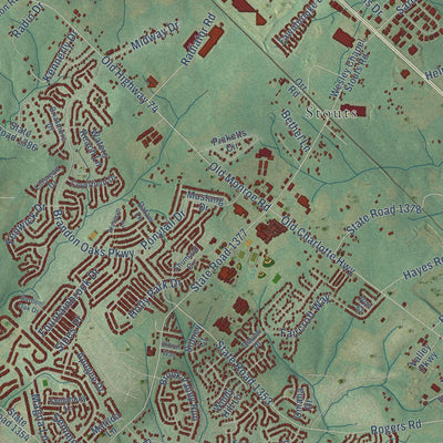 Close-up of the map of Indian Trail, North Carolina print showing street and building detail