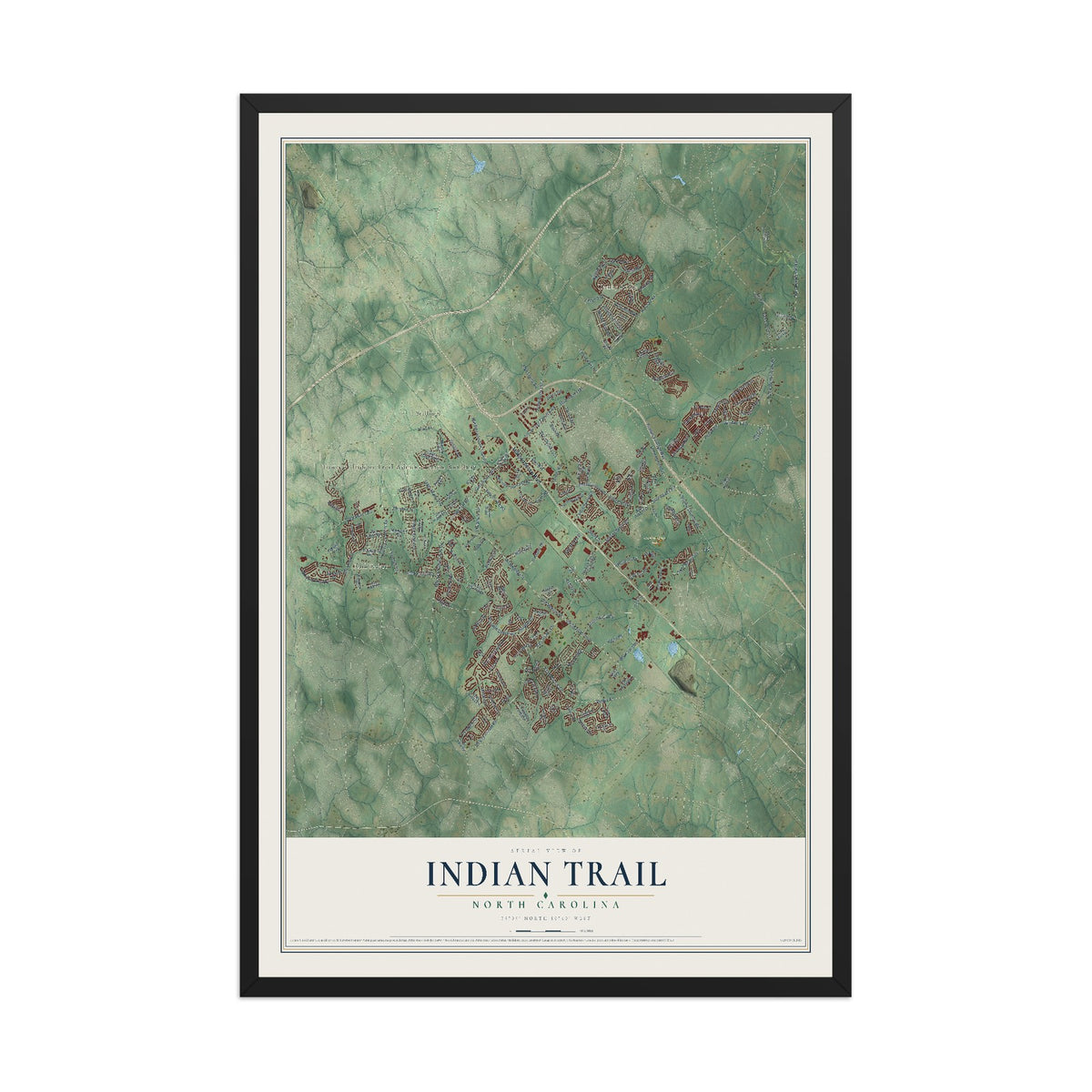 Map of Indian Trail, North Carolina, 12 x 18 inch print in a black wood frame