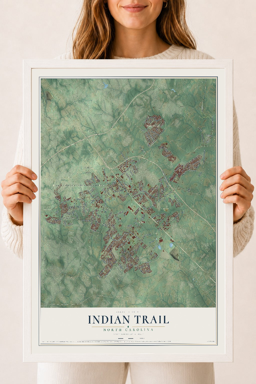 Map of Indian Trail, North Carolina, 18 x 24 inch print in a white wood frame