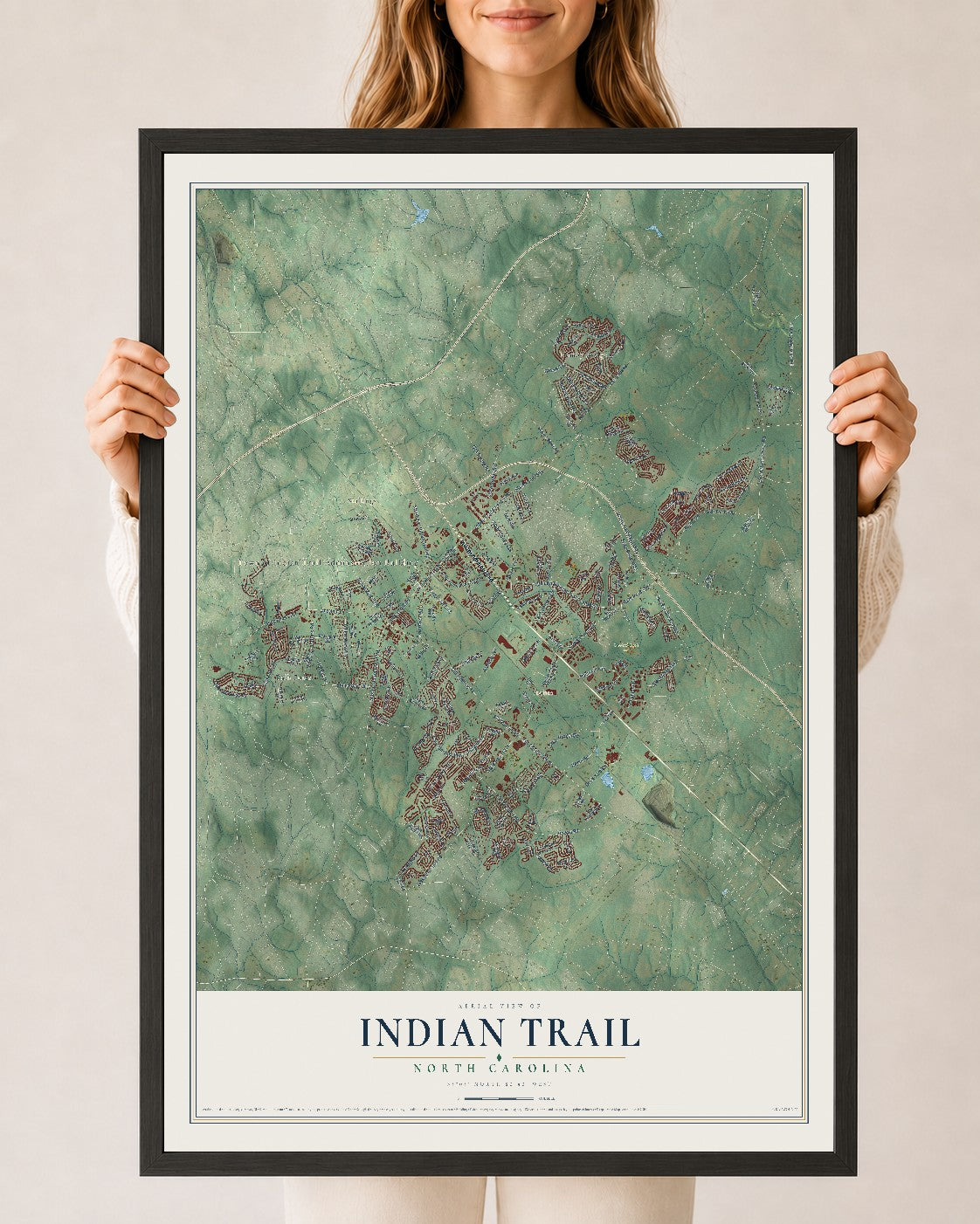 Map of Indian Trail, North Carolina, 24 x 36 inch print in a black wood frame