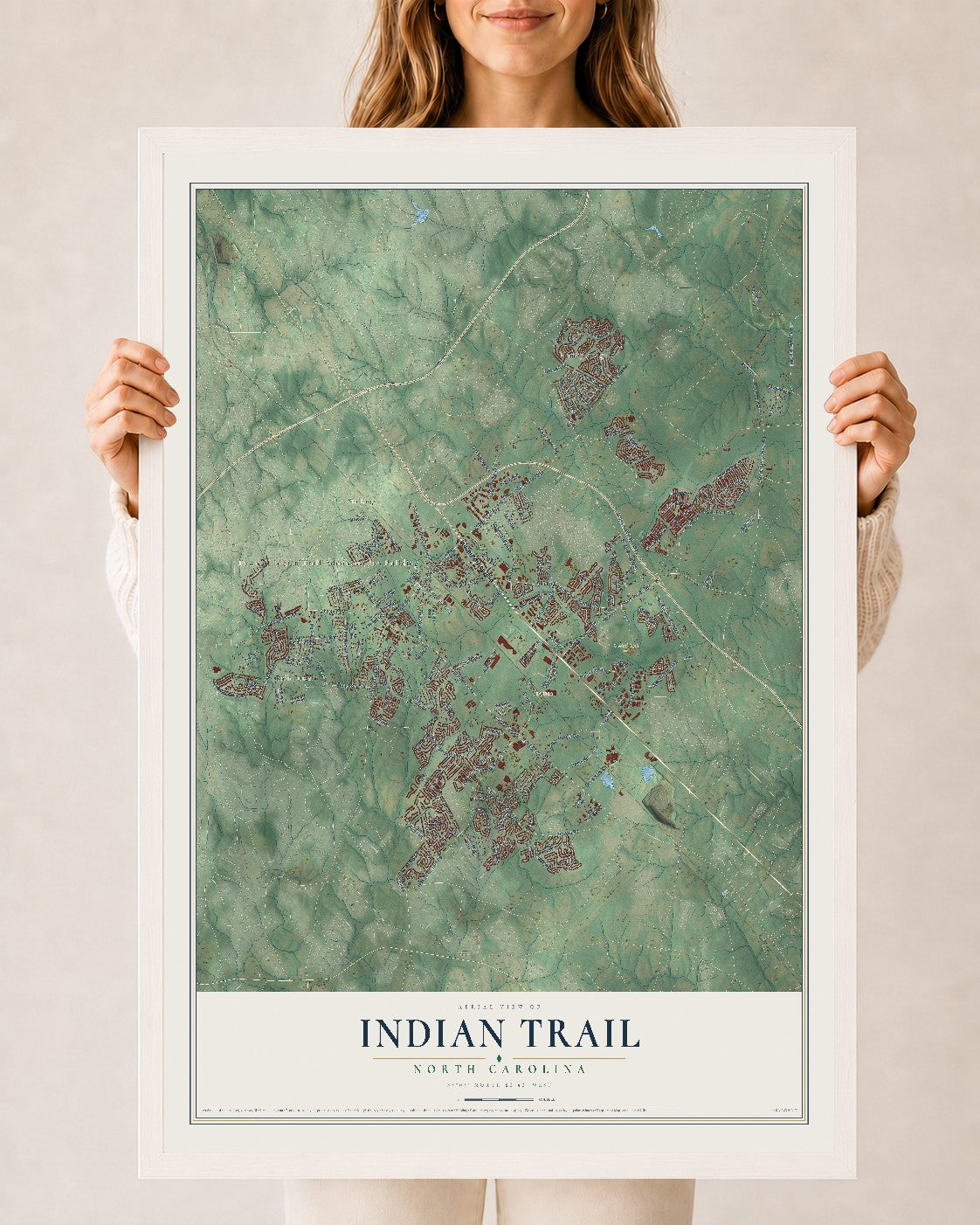 Map of Indian Trail, North Carolina, 24 x 36 inch print in a white wood frame