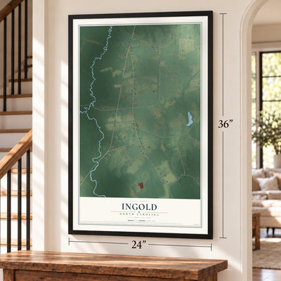 Ingold, North Carolina map, 24 x 36 inch print in a black frame by a staircase