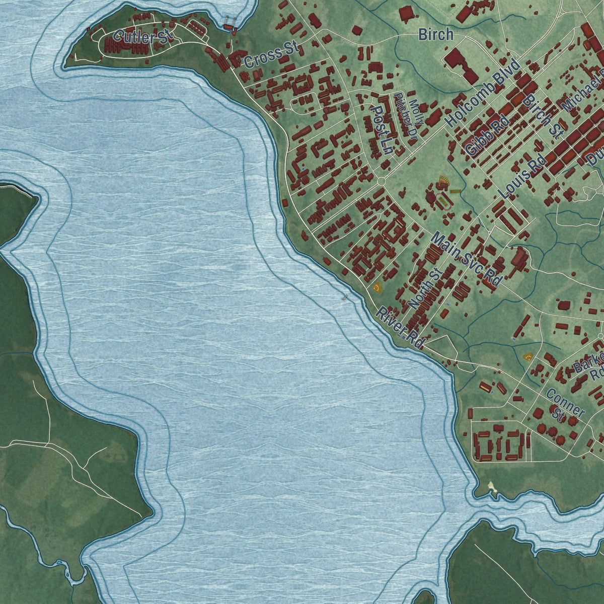 Second close-up of the map of Jacksonville, North Carolina print showing more streets and buildings