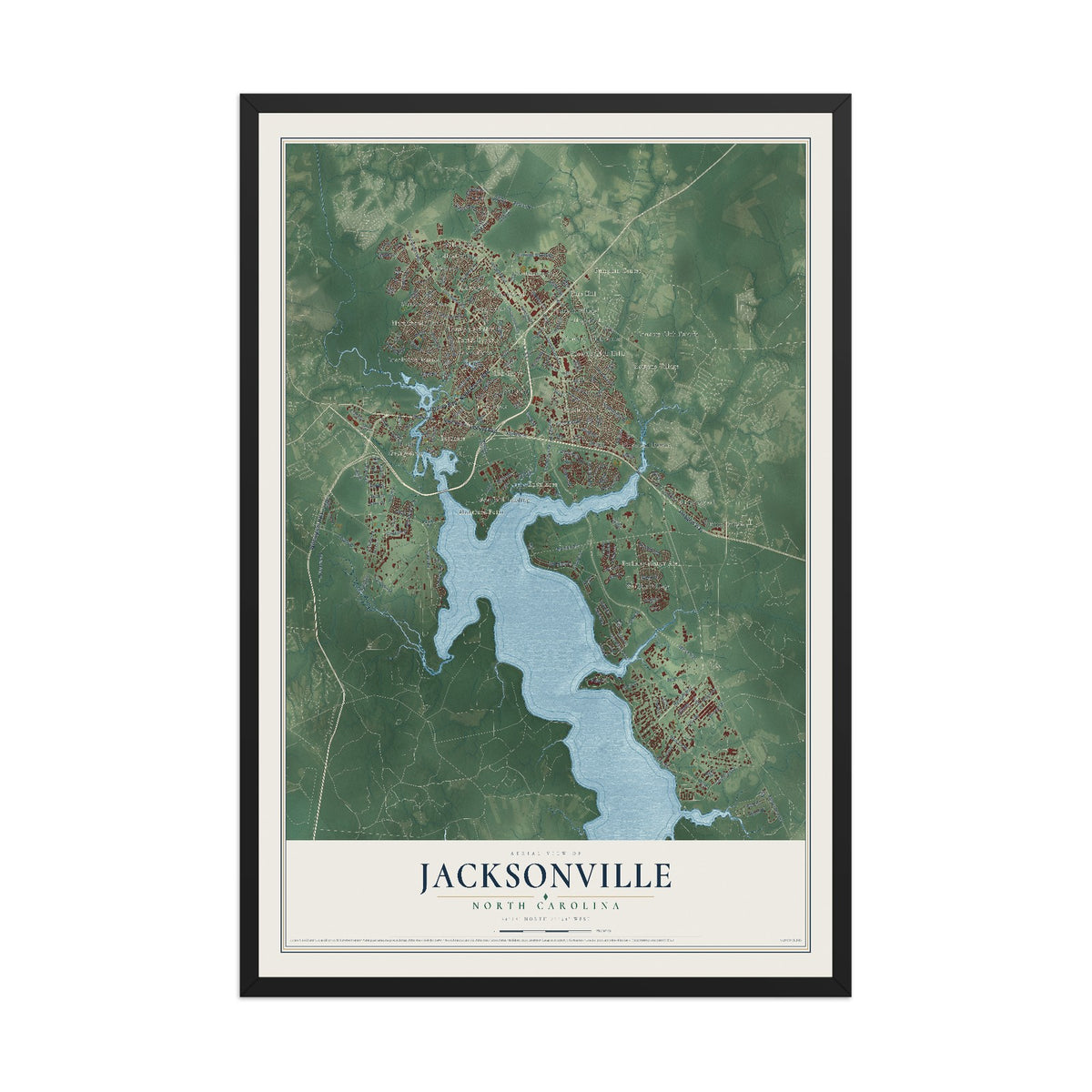 Map of Jacksonville, North Carolina, 12 x 18 inch print in a black wood frame