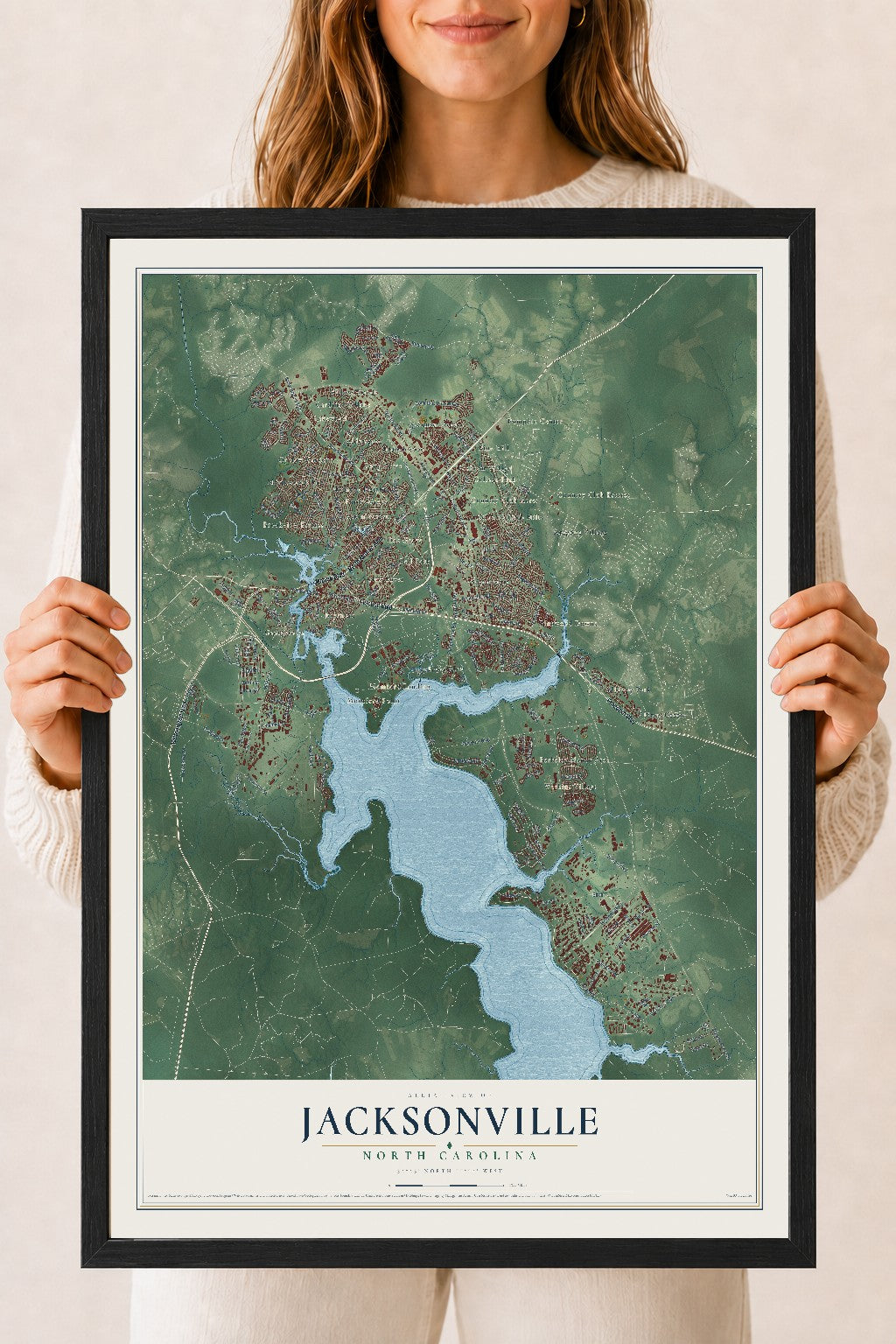 Map of Jacksonville, North Carolina, 18 x 24 inch print in a black wood frame