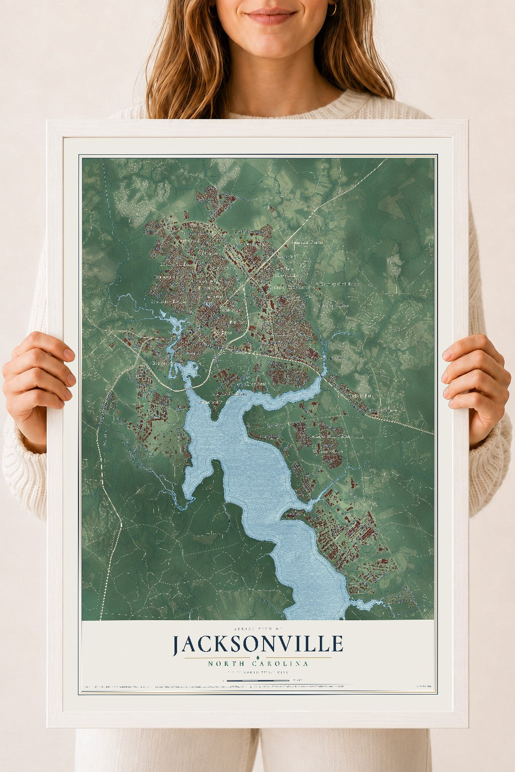 Map of Jacksonville, North Carolina, 18 x 24 inch print in a white wood frame