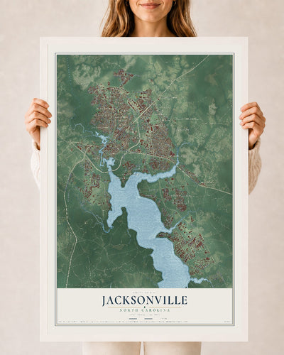 Map of Jacksonville, North Carolina, 24 x 36 inch print in a white wood frame