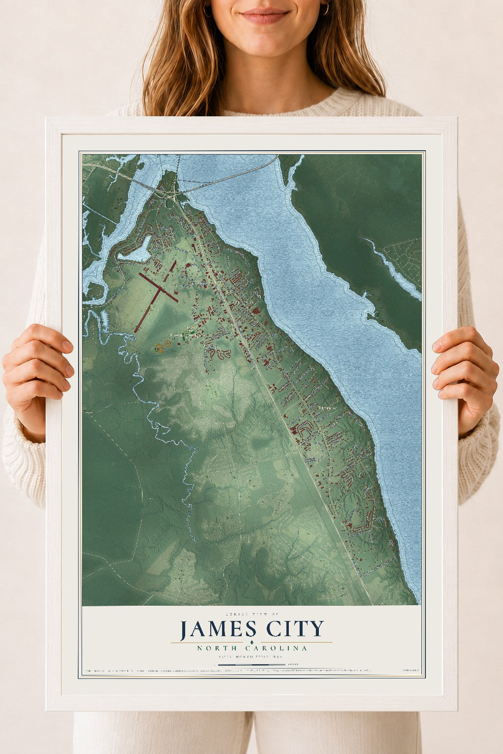 Map of James City, North Carolina, 18 x 24 inch print in a white wood frame