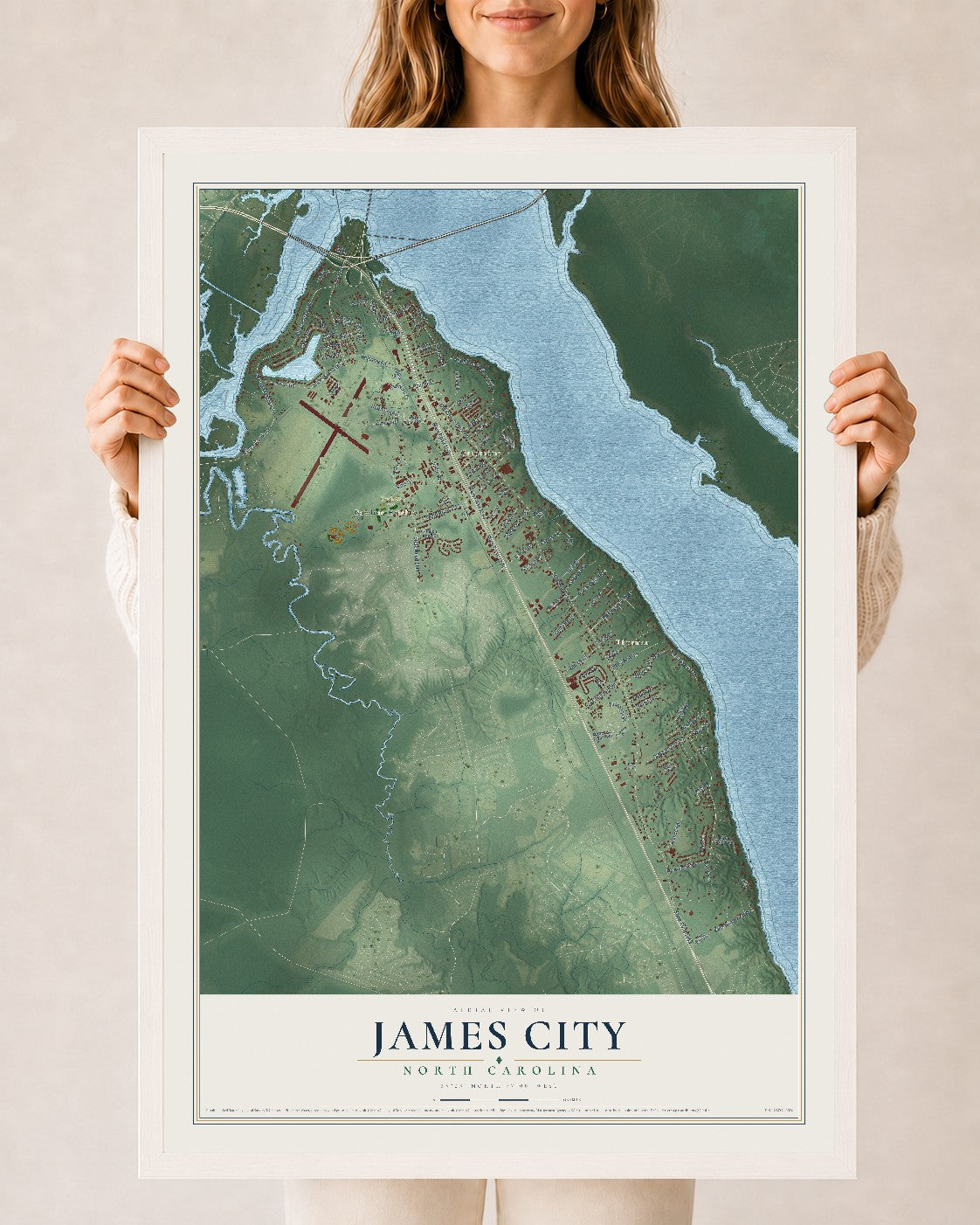 Map of James City, North Carolina, 24 x 36 inch print in a white wood frame