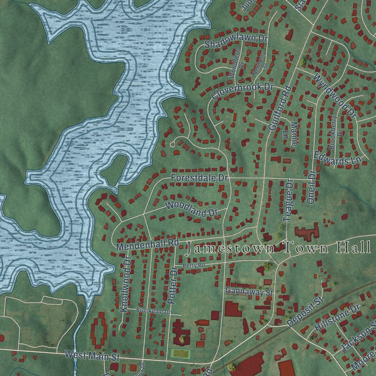 Close-up of the map of Jamestown, North Carolina print showing street and building detail