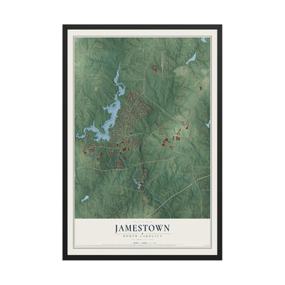 Map of Jamestown, North Carolina, 12 x 18 inch print in a black wood frame